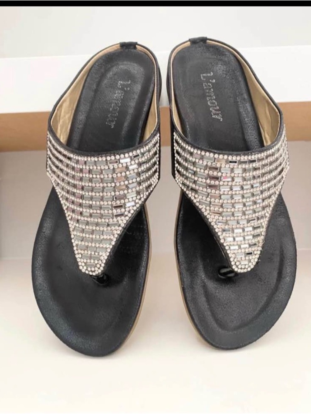 L'Amour Black Rhinestone Thong Sandals